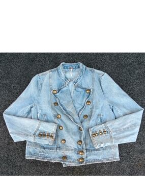 Free People Denim Jacket Womens Medium Blue Ferry Frayed Jean Military Motto